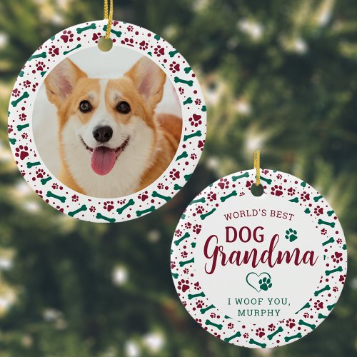 Worlds Best Dog Grandma Paw Prints Pet Photo  Ceramic Ornament