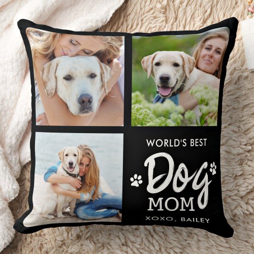Worlds Best DOG MOM Custom 3 Photo Collage  Throw Pillow