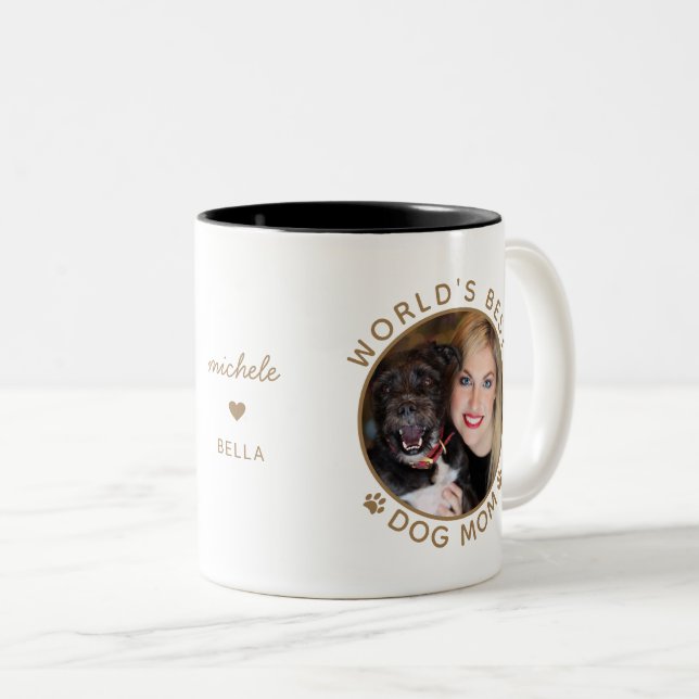 World's Best Dog Mom Gold Custom Name Pet Photo Two-Tone Coffee Mug (Front Right)