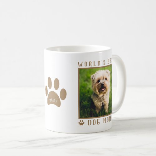 Worlds Best Dog Mom Paw Print Name Pet Photo Gold Coffee Mug