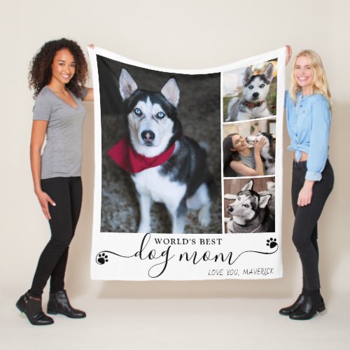Worlds Best Dog Mom Paw Prints 4 Photo Fleece Blanket