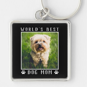 World's Best Dog Mom Paw Prints Pet Photo Black Keychain