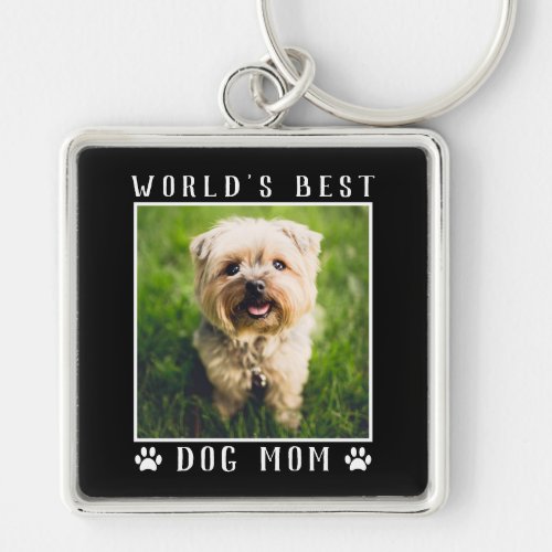 Worlds Best Dog Mom Paw Prints Pet Photo Black Keychain