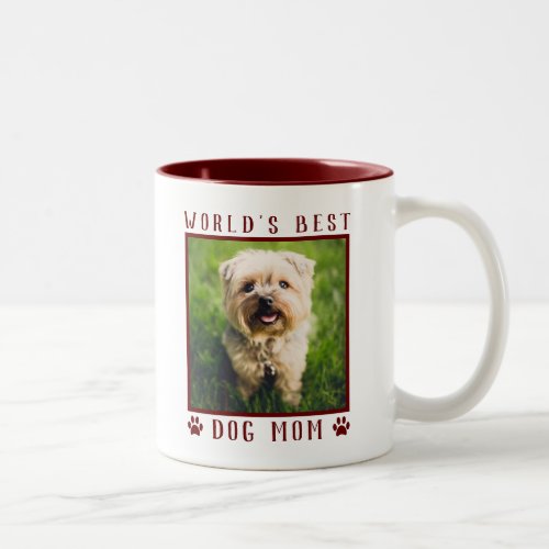 Worlds Best Dog Mom Paw Prints Pet Photo Burgundy Two_Tone Coffee Mug