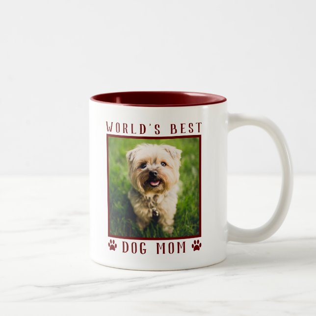 World's Best Dog Mom Paw Prints Pet Photo Burgundy Two-Tone Coffee Mug (Right)
