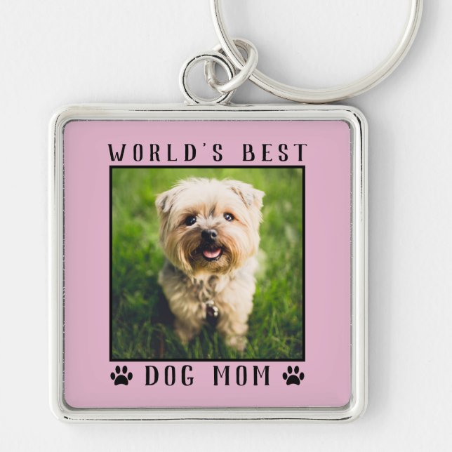 World's Best Dog Mom Paw Prints Pet Photo Pink Keychain (Front)
