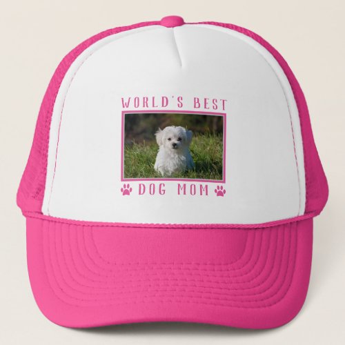Worlds Best Dog Mom Paw Prints Pet Photo Pink Trucker Hat