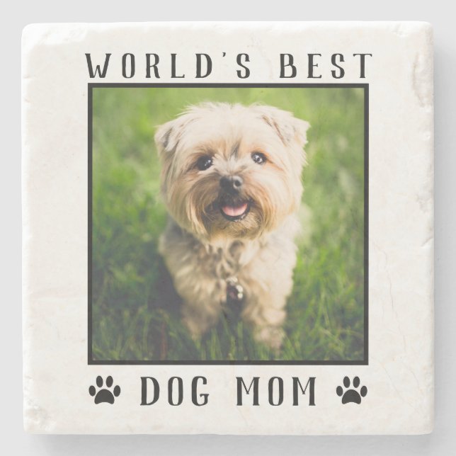 World's Best Dog Mom Paw Prints Pet Photo Stone Coaster (Front)