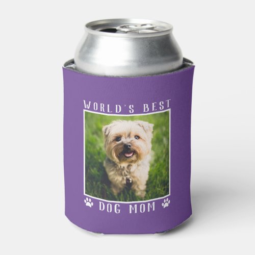 Worlds Best Dog Mom Paw Prints Photo on Purple Can Cooler