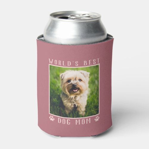 Worlds Best Dog Mom Paw Prints Photo Rose Gold Can Cooler