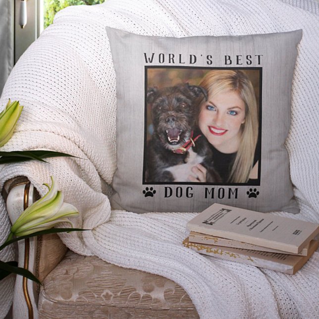 World's Best Dog Mom Paw Prints Photo Rustic Throw Pillow (Creator Uploaded)