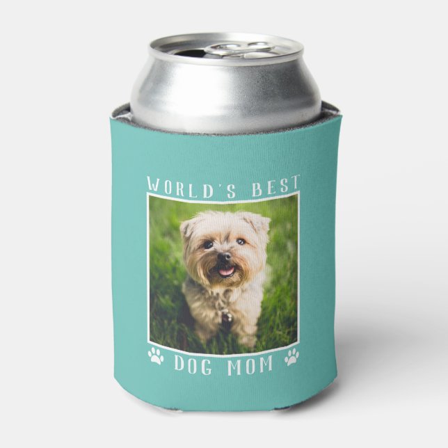 World's Best Dog Mom Paw Prints Photo Teal Can Cooler (Can Front)