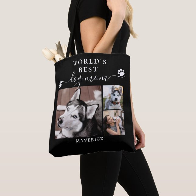 Worlds Best Dog Mom Paw Prints Script 3 Photo Tote (Close Up)