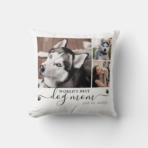 Worlds Best Dog Mom Paw Prints Script 4 Photo Throw Pillow