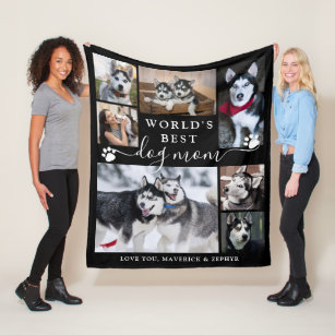 Worlds Best Dog Mom Paw Prints Script 7 Photo Fleece Blanket