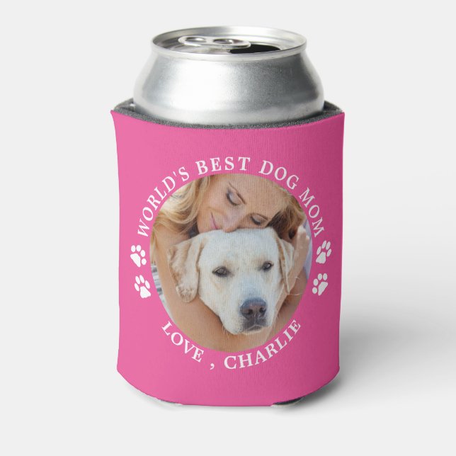 Worlds Best Dog Mom Personalized Pet Photo Pink Can Cooler (Can Back)