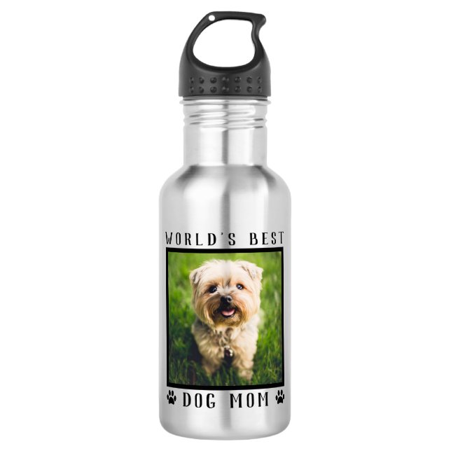 World's Best Dog Mom Pet Photo Paw Prints Stainless Steel Water Bottle (Front)