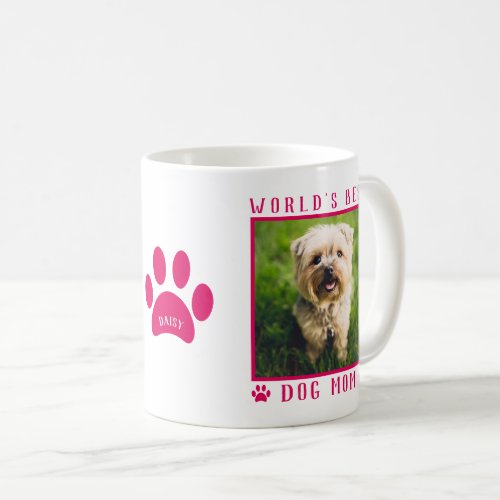 Worlds Best Dog Mom Photo Name Paw Print Hot Pink Coffee Mug