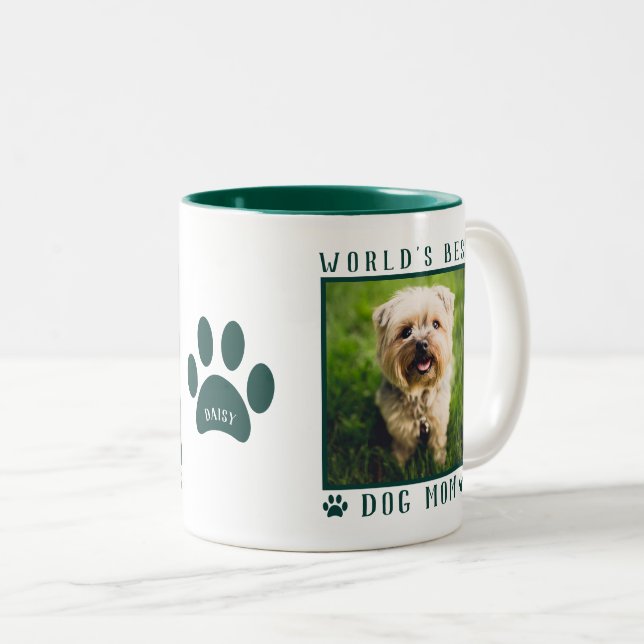 World's Best Dog Mom Photo Name Paw Prints Green Two-Tone Coffee Mug (Front Right)