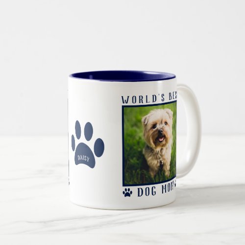 Worlds Best Dog Mom Photo Name Paw Prints Navy Two_Tone Coffee Mug
