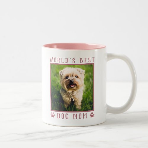 Worlds Best Dog Mom Pink Paw Prints Pet Photo Two_Tone Coffee Mug