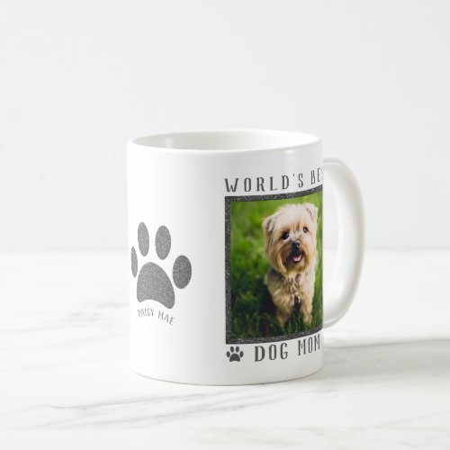 Worlds Best Dog Mom Silver Glitter Paws Pet Photo Coffee Mug