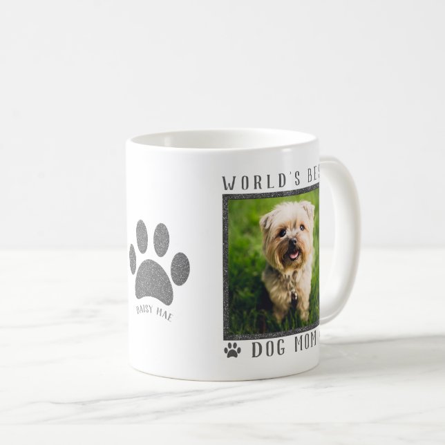 World's Best Dog Mom Silver Glitter Paws Pet Photo Coffee Mug (Front Right)