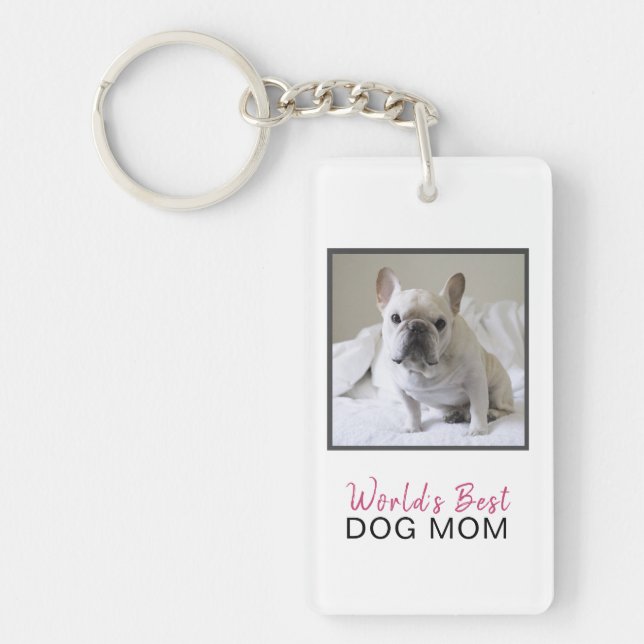 World's Best Dog Mom Square Dog Photo Pink Gray Keychain (Front)