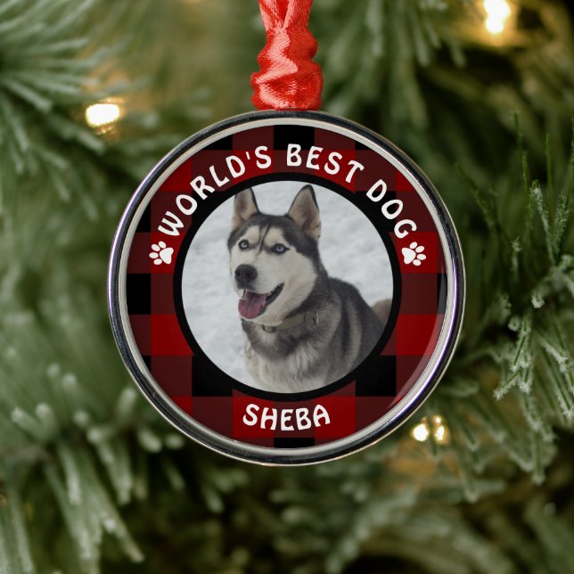 WORLDS BEST DOG Red Buffalo Check Personalized Metal Ornament (Tree)
