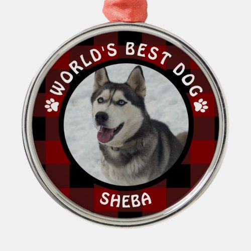 WORLDS BEST DOG Red Buffalo Check Personalized Metal Ornament