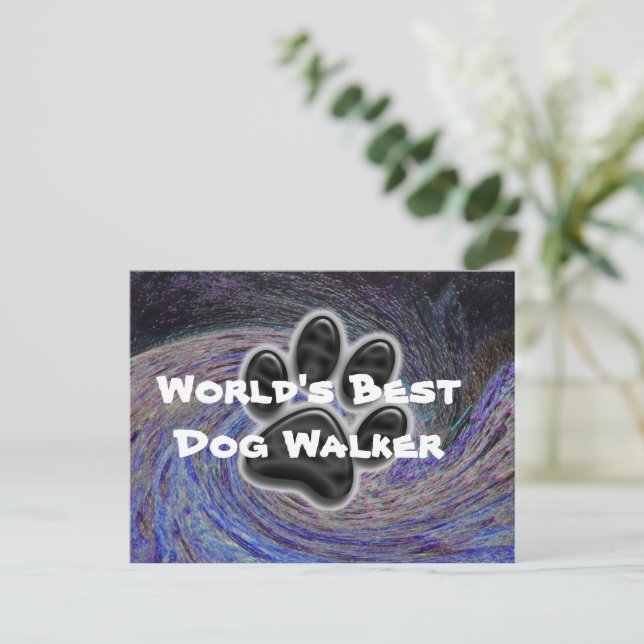 Worlds Best Dog Walker Blue Spiral Pet Paw Print Postcard (Standing Front)