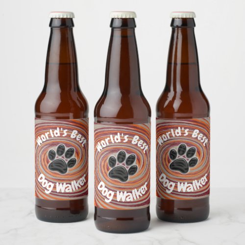 Worlds Best Dog Walker Groovy Paw Print Puppy Pet Beer Bottle Label