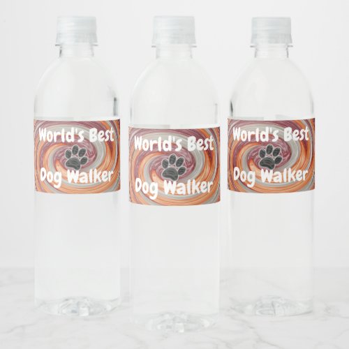 Worlds Best Dog Walker Groovy Paw Print Puppy Pet Water Bottle Label