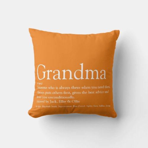 Worlds Best Ever Grandma Granny Definition Orange Throw Pillow