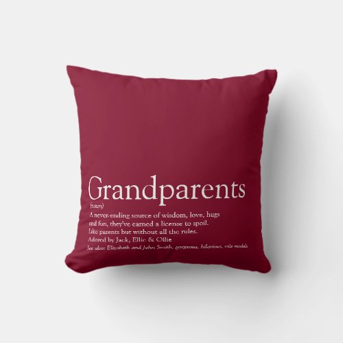 Worlds Best Ever Grandparents Definition Burgundy Throw Pillow