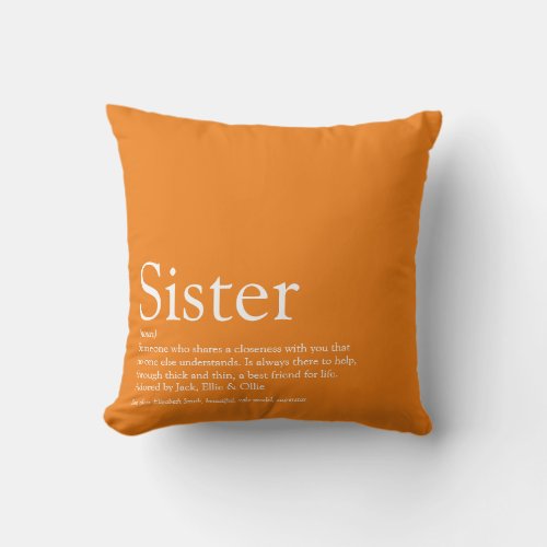Worlds Best Ever Sister Definition Fun Orange Throw Pillow
