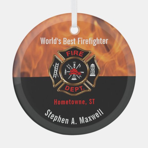 Worlds Best Firefighter Flames Class  Photo Glass Ornament