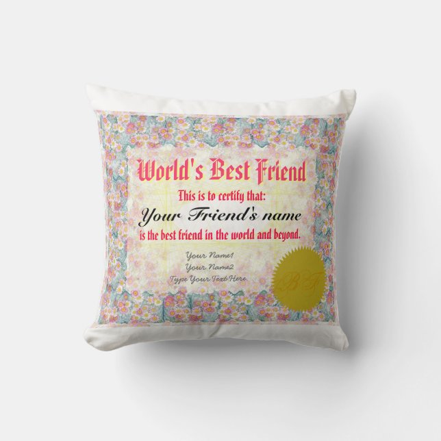 World's Best Friend Certificate Throw Pillow (Front)