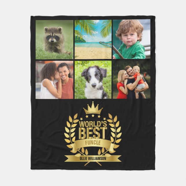 World's Best Funcle Uncle Photo Collage Gold Black Fleece Blanket (Front)
