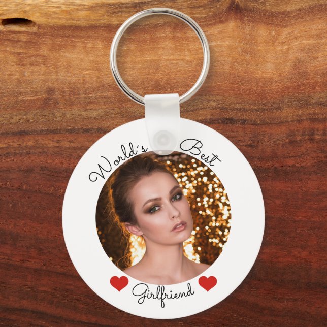 Worlds Best Girlfriend Photo Anniversary Round Key Keychain (Back)