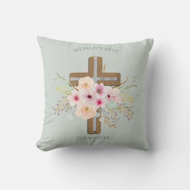 World's Best GODMOTHER Gift - Floral Cross Throw Pillow (Front)