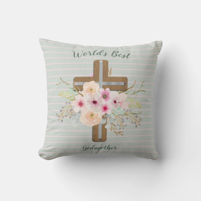 World's Best GODMOTHER Gift - Floral Cross Throw Pillow (Front)