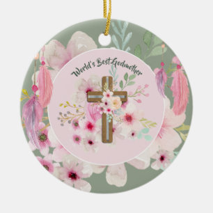 World's Best GODMOTHER POEM - Floral Cross Ceramic Ornament