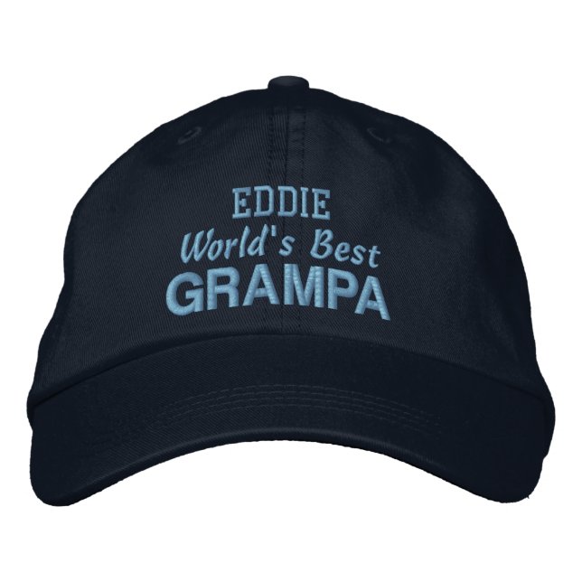 World's Best GRAMPA Custom Name NAVY and BLUE Embroidered Baseball Hat (Front)
