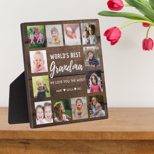 Worlds Best Grandma 12 Photo Collage Dark Wood Plaque