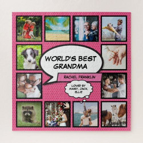 Worlds Best Grandma 12 Photo Collage Fun Pink Jigsaw Puzzle