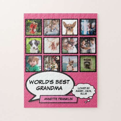 Worlds Best Grandma 12 Photo Collage Pink Fun Jigsaw Puzzle