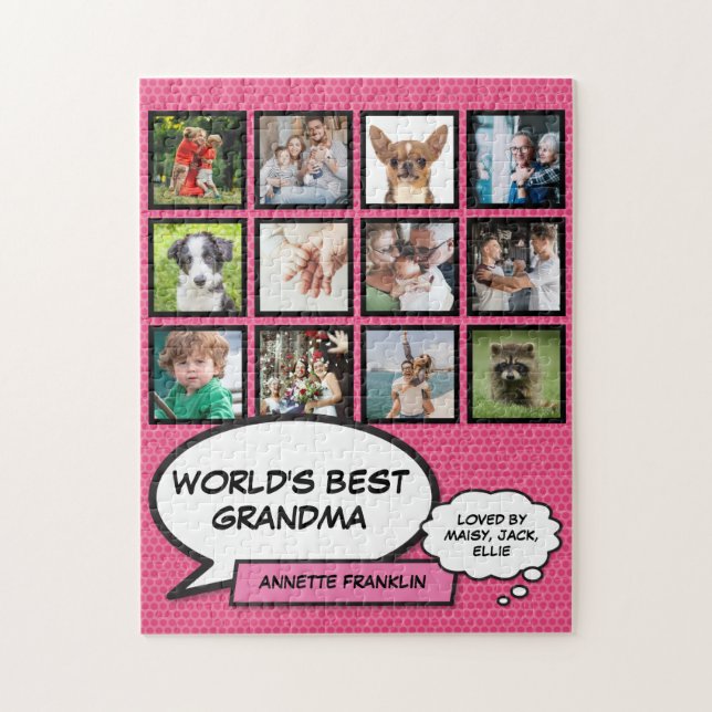 Worlds Best Grandma 12 Photo Collage Pink Fun Jigsaw Puzzle (Vertical)