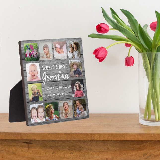 World's Best Grandma 12 Photo Grandkids Gray Wood Plaque (Creator Uploaded)