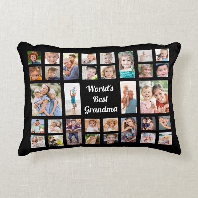 World's Best Grandma 32 Family Photo Collage Black Accent Pillow (Front)